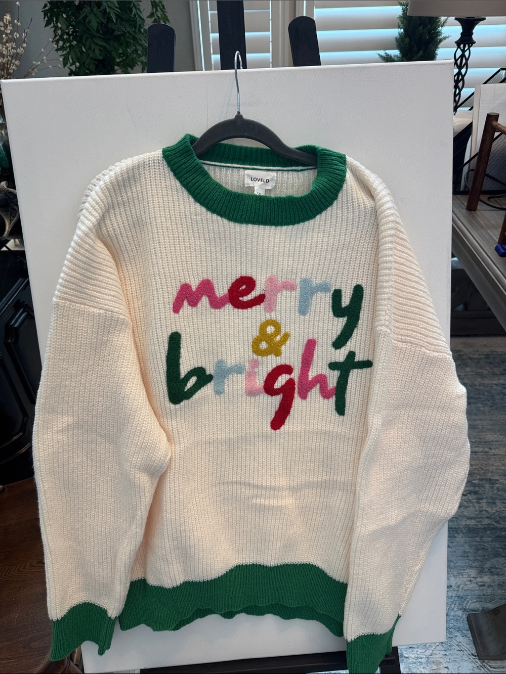 Lovelo -Cream Crewneck Sweater with Green Trim and Multicolor Script 1XL NWT